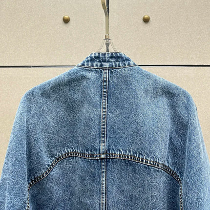 Spring New Round Collar Zipper Double Pocket Denim Coat for Women's Fashion Back Waist Make Old Washed Water Blue Coat