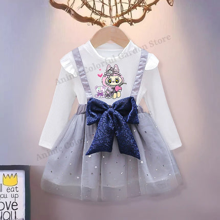 Labubu Cute Mesh Bow Dress for Children Anime Cartoon Kawaii One-piece Dresses Girls Spring New Sweet Fake Two Dress Strap Skirt