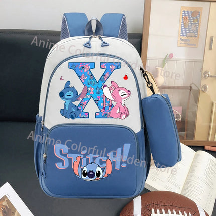 Disney Stitch Large Capacity Backpack with Pencil Bag Cartoon Letter A-Z Printed Fashion Schoolbag Book Stationery Storage Bags