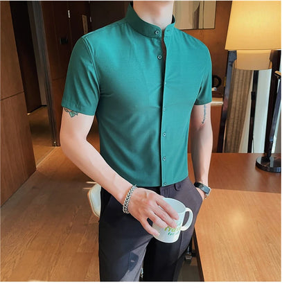Men's Summer Fashion Stand Collar Business Casual Short Sleeve Shirt Luxury Slim Fit Solid Dress Shirt Brand Men Clothes 5XL-M