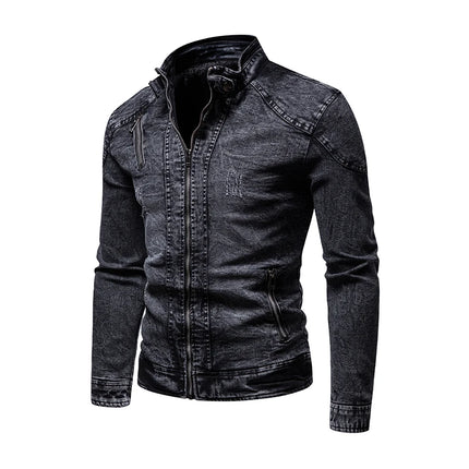 Cowboy jacket men's retro style personalized slim fit stand up collar zipper warm workwear jacket motorcycle riding suit