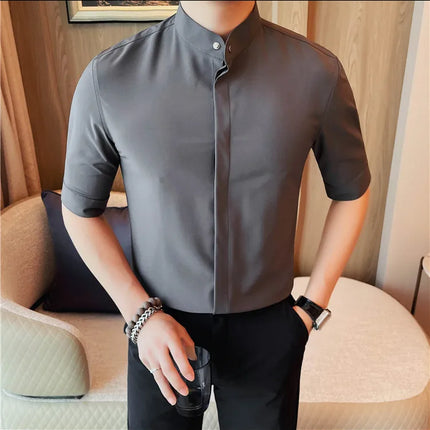 Summer New Standing Collar Half Sleeve Shirts For Men Invisible Button Up Design Slim Casual Business Social Shirt Club Outfits