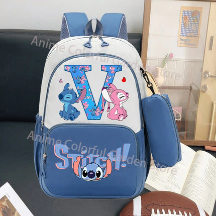 Disney Stitch Large Capacity Backpack with Pencil Bag Cartoon Letter A-Z Printed Fashion Schoolbag Book Stationery Storage Bags