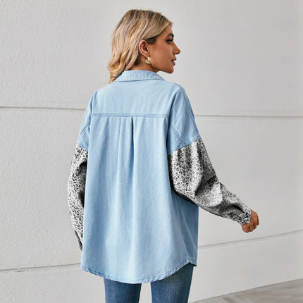 Washed Denim Jacket For Women Blouse Tops Long Sleeve Leopard Print Lady Shirt Casual Pocket Spring Women's Jean Cardigans