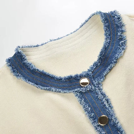 2025 Women's contrast denim patchwork knit jacket pocket o collar single breasted long sleeve women's short white coat 25A084