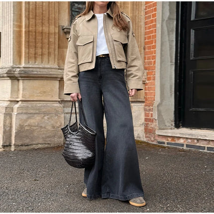 Vintage Women's Short Jacket Pockets Zipper Full Sleeve Khaki Green Thick Coats 2025 Spring Autumn Lady Loose Street Outwear