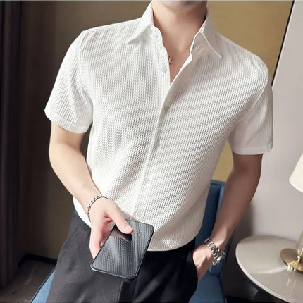 2023 Summer Waffle Short Sleeved Shirt Men Fashion Casual Solid Color Lapel Loose Shirt Male Korean Social Business Dress Blouse