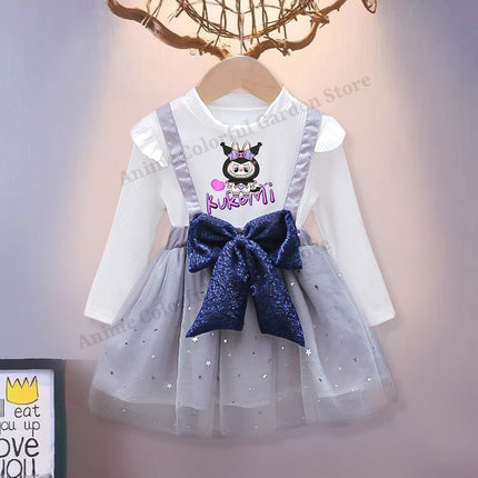 Labubu Cute Mesh Bow Dress for Children Anime Cartoon Kawaii One-piece Dresses Girls Spring New Sweet Fake Two Dress Strap Skirt