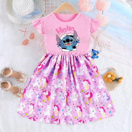 Disney Lilo & Stitch Fashion Dress for Girls Anime Cartoon Cute Skirt Children Summer Sweet Cute Dresses Kids Birthday Gifts