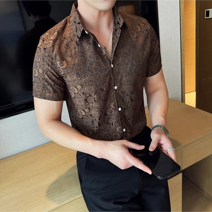 2025 Summer New Flower Shirts Men Short Sleeve Retro Casual Shirts Fashion Versatile Business Slim Social Party Tuxedo Blouse