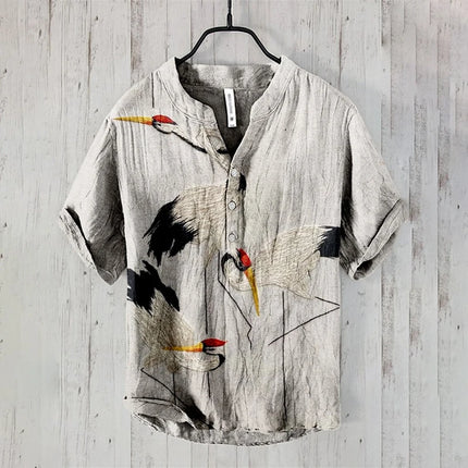 Men's Summer V-neck Henley Short Sleeve Shirt Men's Casual Shirt Moon View Moonlight 3D Printed Short Sleeve Linen T-Shirt Top