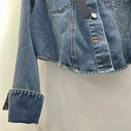 WTHT Vintage Women Heavy Indesty Spliced Leather Diamond Denim Jacket Fashion Lapel Long Sleeves Coat Female 2025 Summer 1LS1647