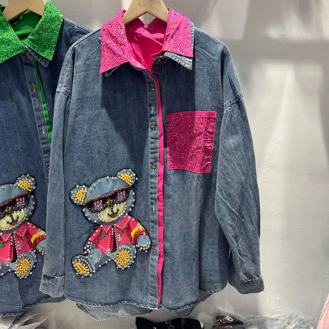 2025 Early Spring New Korean Version Temperament Color Matching Denim Splicing Shirt Fashion Loose Long Sleeve Jackets for Women