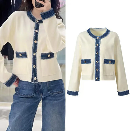 2025 Women's contrast denim patchwork knit jacket pocket o collar single breasted long sleeve women's short white coat 25A084
