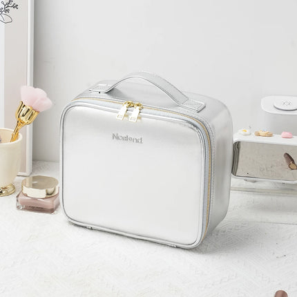 Travel Makeup Bag with LED Lighted Mirror 3 Color Scenarios Adjustable Brightness, with DIY Dividers, Toiletry Makeup Case Gift