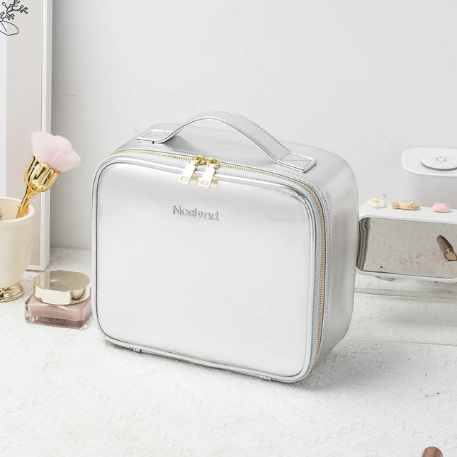 Travel Makeup Bag with LED Lighted Mirror 3 Color Scenarios Adjustable Brightness, with DIY Dividers, Toiletry Makeup Case Gift