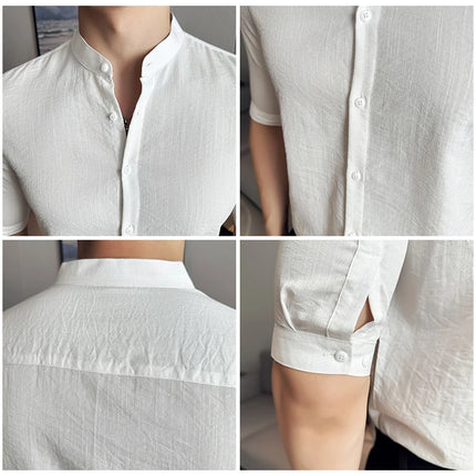 2024 Summer New Chinese Style Linen Shirts Men's Half sleeve Stand-Up Collar Linen Cotton Business Casual Slim Versatile Shirts