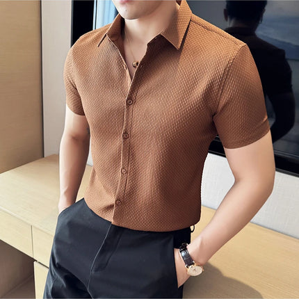 2024 Summer Waffle Shirt Luxury Men's Slim Fit Casual Short Sleeved Business Versatile Dress Shirt Men Clothing Plus Size 4XL-M