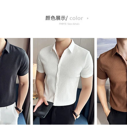 2024 Summer Waffle Shirt Luxury Men's Slim Fit Casual Short Sleeved Business Versatile Dress Shirt Men Clothing Plus Size 4XL-M