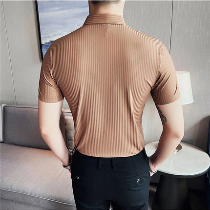 2024 Summer High Elasticity Seamless Short Sleeve Shirts Fashion Stripes Men Business Formal Wear Slim Fit Casual Dress Shirt