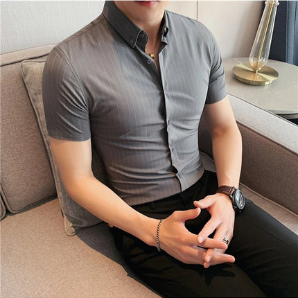 High Quality Pinstripe Casual Shirts  For Men 2024 Summer Slim Fit Business Social Elastic Social Party Shirt Plus Size 4XL-M