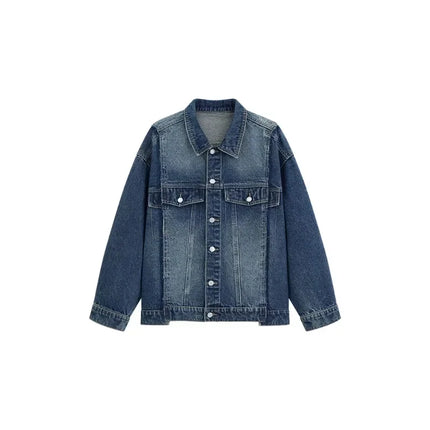 Women Retro Washed Denim Jacket Spring 2025 Oversized Drop Shoulder Loose Fit Casual Fashionable Lapel Collar Chic Jean Coat
