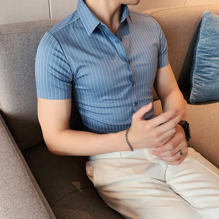 High Quality Ice Silk Traceless Striped Shirt Men's Summer Short Sleeve Slim Casual Business Shirts Tuxedo Men Clothing 4XL-M