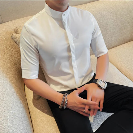 Summer New Standing Collar Half Sleeve Shirts For Men Invisible Button Up Design Slim Casual Business Social Shirt Club Outfits