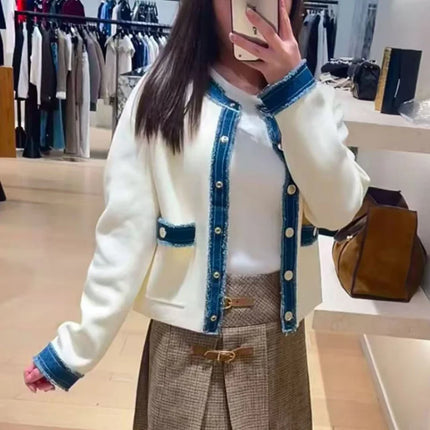 2025 Women's contrast denim patchwork knit jacket pocket o collar single breasted long sleeve women's short white coat 25A084