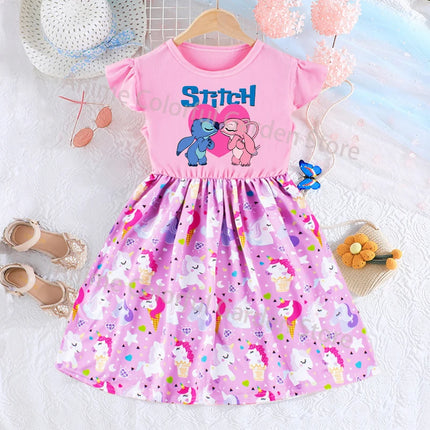 Disney Lilo & Stitch Fashion Dress for Girls Anime Cartoon Cute Skirt Children Summer Sweet Cute Dresses Kids Birthday Gifts