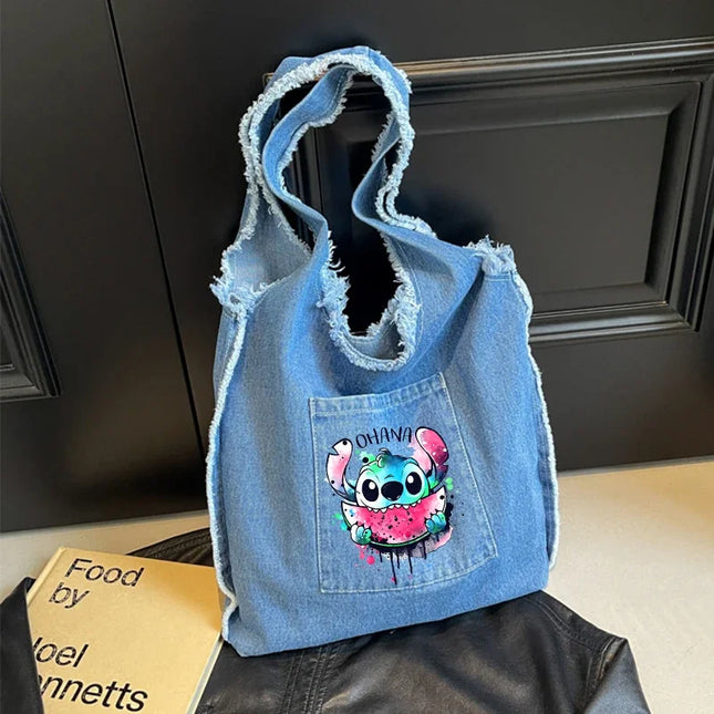 Disney Stitch Fashion Retro Denim Bag Women Anime High-capacity Shoulder Bag Female Students Commute Handbag Popular Tote-bag