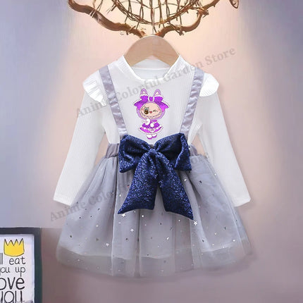 Labubu Cute Mesh Bow Dress for Children Anime Cartoon Kawaii One-piece Dresses Girls Spring New Sweet Fake Two Dress Strap Skirt