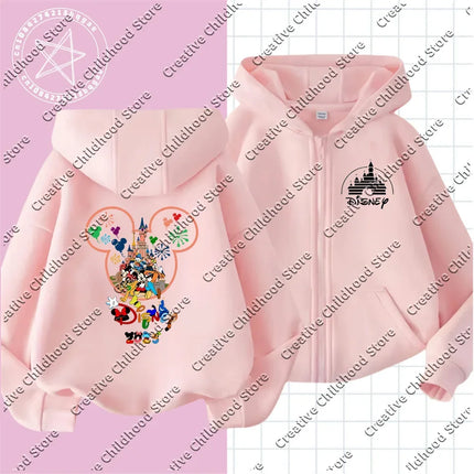 2025 Disney Minnie Mouse Girl Cartoons Kawaii Girl Clothes zipper Hoodie Boy Children Top Caricature Fashion Disneyland Trip