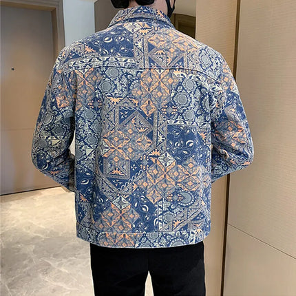 Men's Printed Denim Jacket in Red, Single Breasted Square Collar Coat, White Blue Trim, Asian Size M-4XL