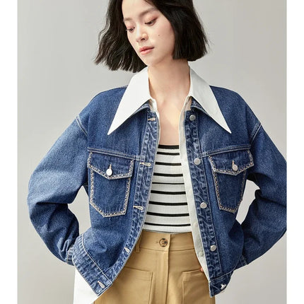 SENTUBILA Embroidery Cotton Denim Jackets for Women 2025 Spring Casual Short Denim Coat Female Long Sleeve Outerwear W43W56028