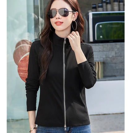 New Women's Zippered Stand Collar Jacket Slim Fit Long Sleeve Cotton Solid Color Casual Outerwear