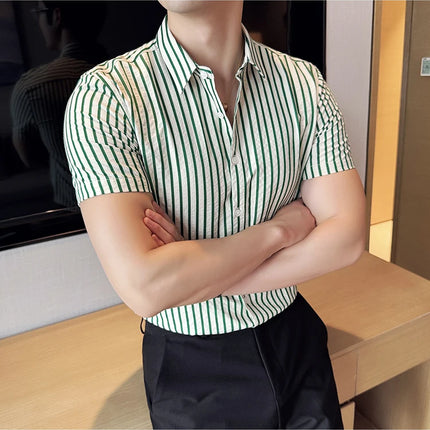 2025 Summer Fashion Vertical Striped Shirts Luxury Men's Short Sleeved Slim Fit Casual Pleated Business Shirt Men Clothing 4XL-M