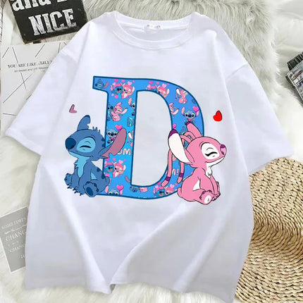 Disney Stitch T-shirts for Women Men Anime Letter A-Z Printed Short Sleeved Shirt Female Male Summer Fashion Top Adults Clothes