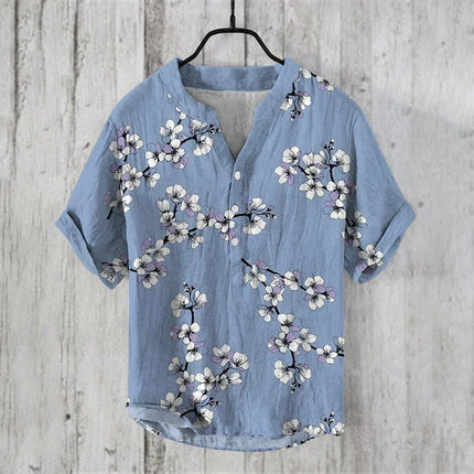 Henry men's casual fashion outdoor seaside men's tops shirt V-neck linen shirt 2024 new plus size