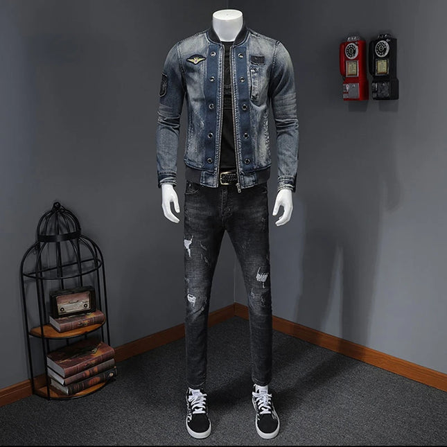Autumn European Standneck Patch Pilot Blue Denim Jacket Men's Denim Jacket Slim Fit Motorcycle Casual Jacket