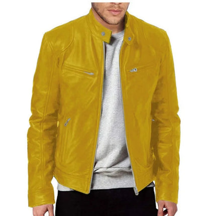 Men's Faux Leather Jacket Autumn Fashion Solid Color Zipper Motorcycle Jacket Men's Casual Long Sleeve Zipper Button Jacket