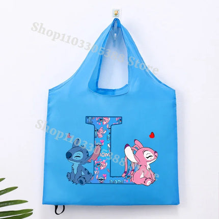 Disney Stitch Foldable Shopping Bag for Women Men High-capacity Reusable Handbags Cartoon Letter A-Z Printing Portable Tote-bags