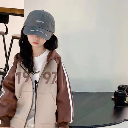 Spring Autumn Girls Cotton Contrast Striped Zip Sweatshirt Jacket School Kids Track Hoodie Child Work Jumper Coat Tops 3-16Years