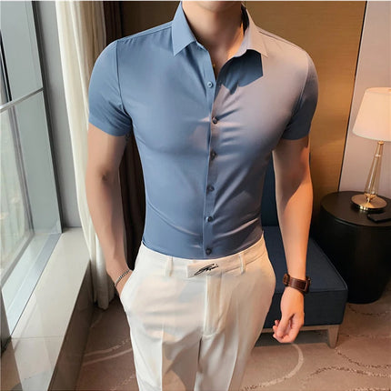 2025 Summer Ice Silk Seamless Shirt High Quality Silky Smooth Short Sleeve Slim Casual Business Tuxedo Shirts Mens Clothing 4XL