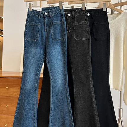New High Waist Trousers Loose Washed Jeans Pockets Slim Denim Flare Classic Women Vintage Stretch Straight Trousers All-match