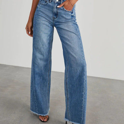 Spring Summer New Women's Clothing Solid Color Loose Wide Leg Side Seam Stitching Frayed Hem Jeans