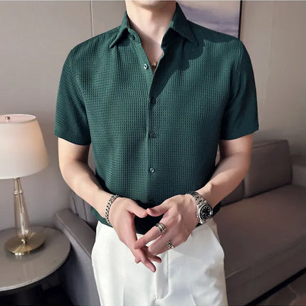 2023 Summer Waffle Short Sleeved Shirt Men Fashion Casual Solid Color Lapel Loose Shirt Male Korean Social Business Dress Blouse