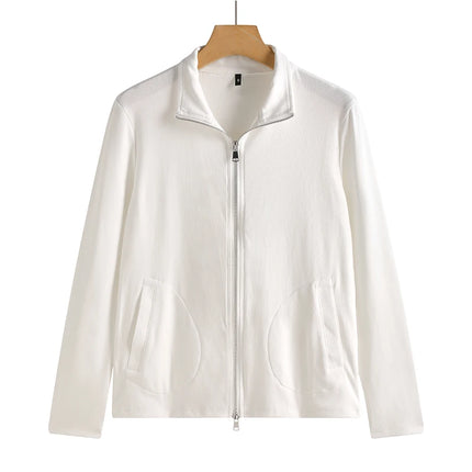 New Women's Zippered Stand Collar Jacket Slim Fit Long Sleeve Cotton Solid Color Casual Outerwear