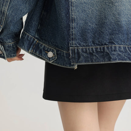 Women Retro Washed Denim Jacket Spring 2025 Oversized Drop Shoulder Loose Fit Casual Fashionable Lapel Collar Chic Jean Coat
