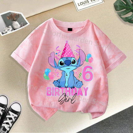 Disney Stitch Tie-dye T-shirts for Children Anime Cartoon Number Printed Short Sleeved Shirt Boys Girls Summer Fashion Top Gifts